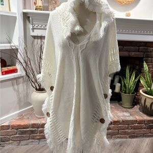 White Knit Poncho with Fringe